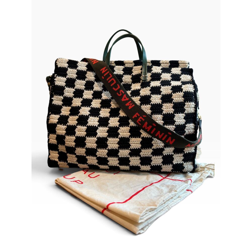 Clare V. Checkerboard Crochet Tote Bag Black Cream